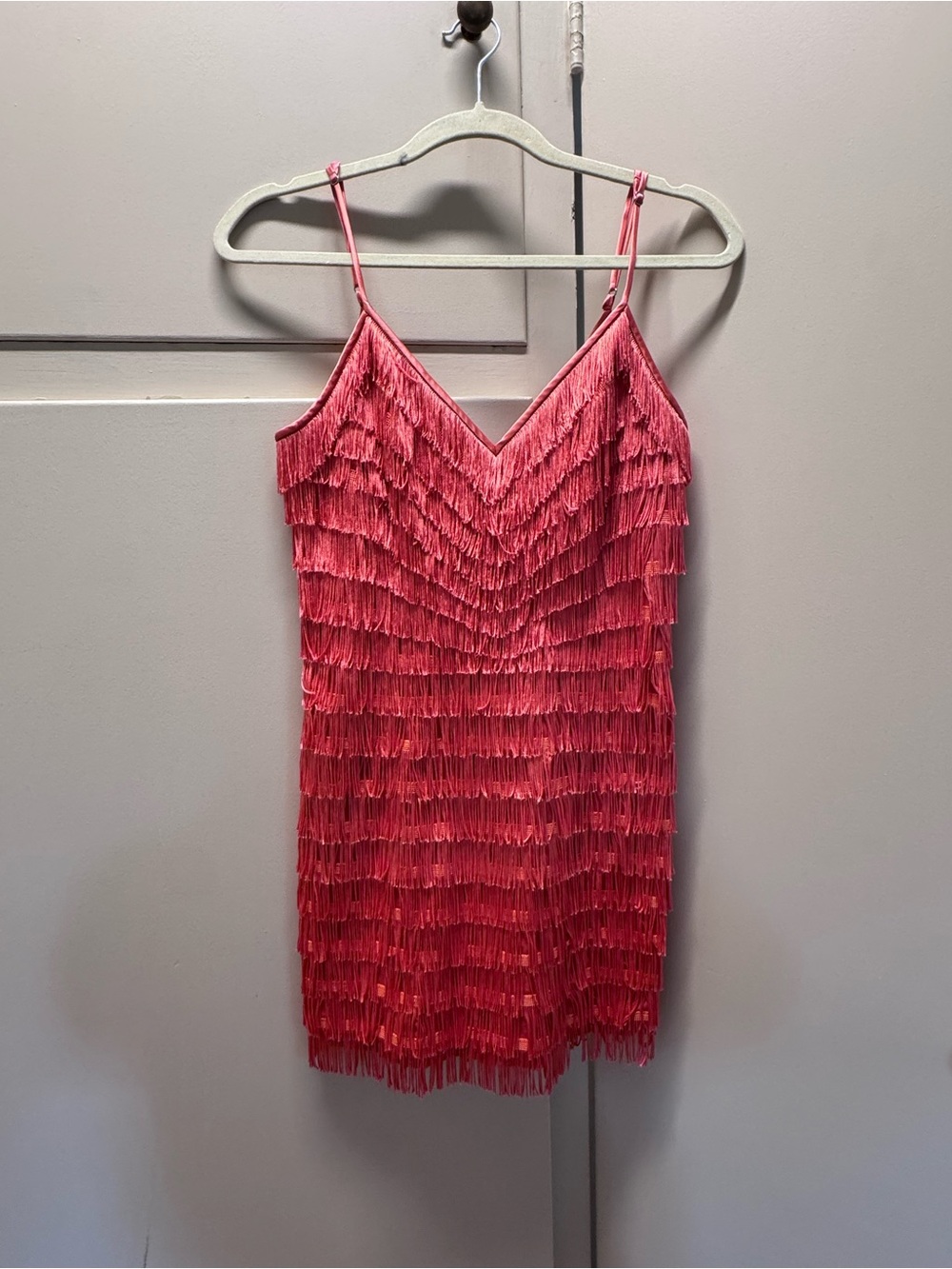 Fluer De Mal Fringe V-Neck Slip Dress in Coral Pink - Picture 2 of 4